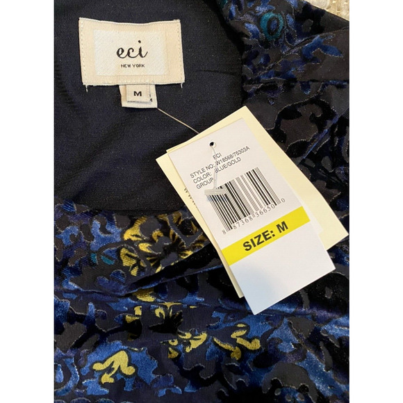 NWT Eci NY Shift Dress Medium Navy & Gold Velvet Flutter Bell Sleeves Boho Dress - Picture 8 of 16